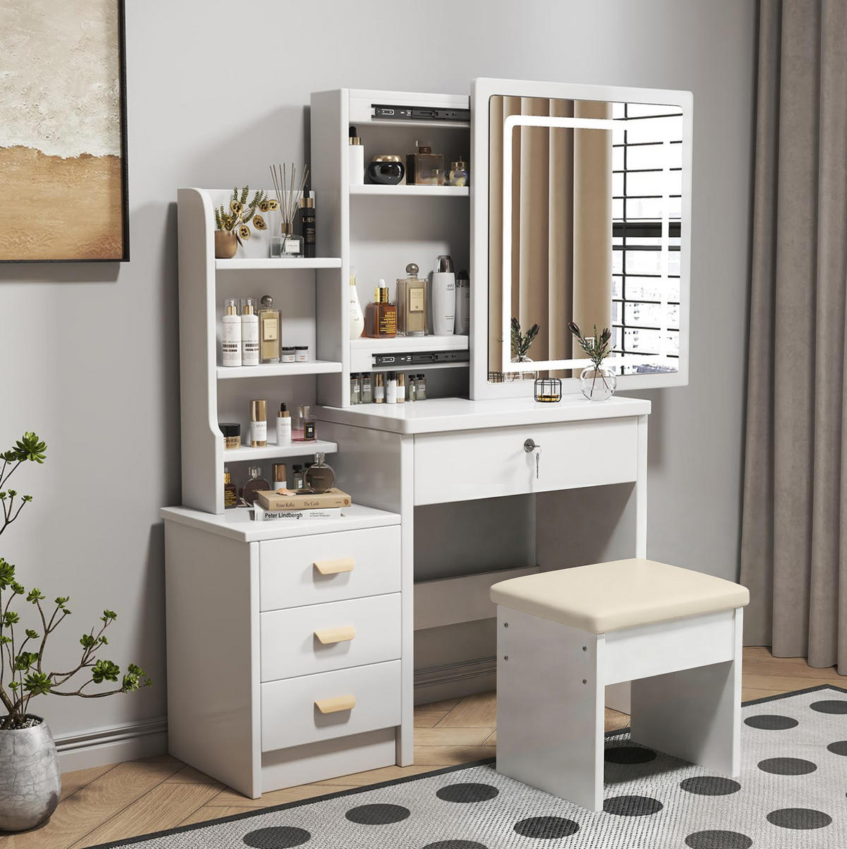 SCHMINKTISCH aus MDF 85x36x130 cm Weiß mit LED-Spiegel, Hocker und vielseitigem Stauraum - Weiß, Holzwerkstoff (85/130/36cm) - Modfu