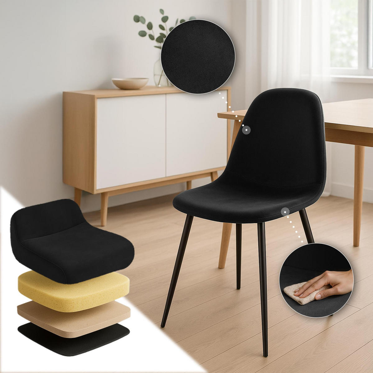 STUHL Samt Schwarz - Schwarz, Textil/Metall (44/88/51cm) - CLP