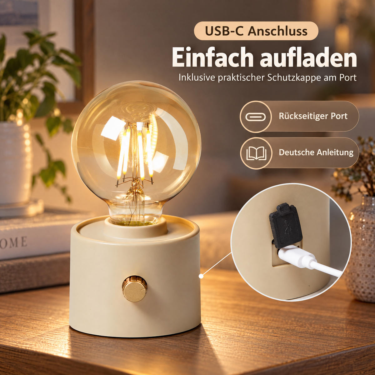 LED-AKKU-TISCHLEUCHTE Vintage dimmbar Drehschalter Edison-Birne USB-C Beige 50 lm - Beige, Kunststoff (10/8.7/16cm) - Northpoint