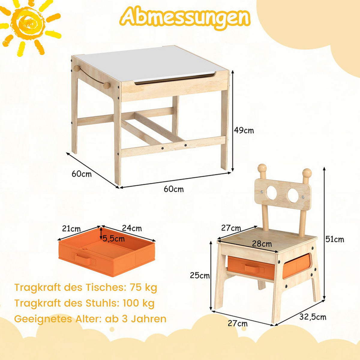 KINDERTISCH mit Stühlen natur(3-tlg) - Naturfarben, Holzwerkstoff (60/49/60cm) - COSTWAY