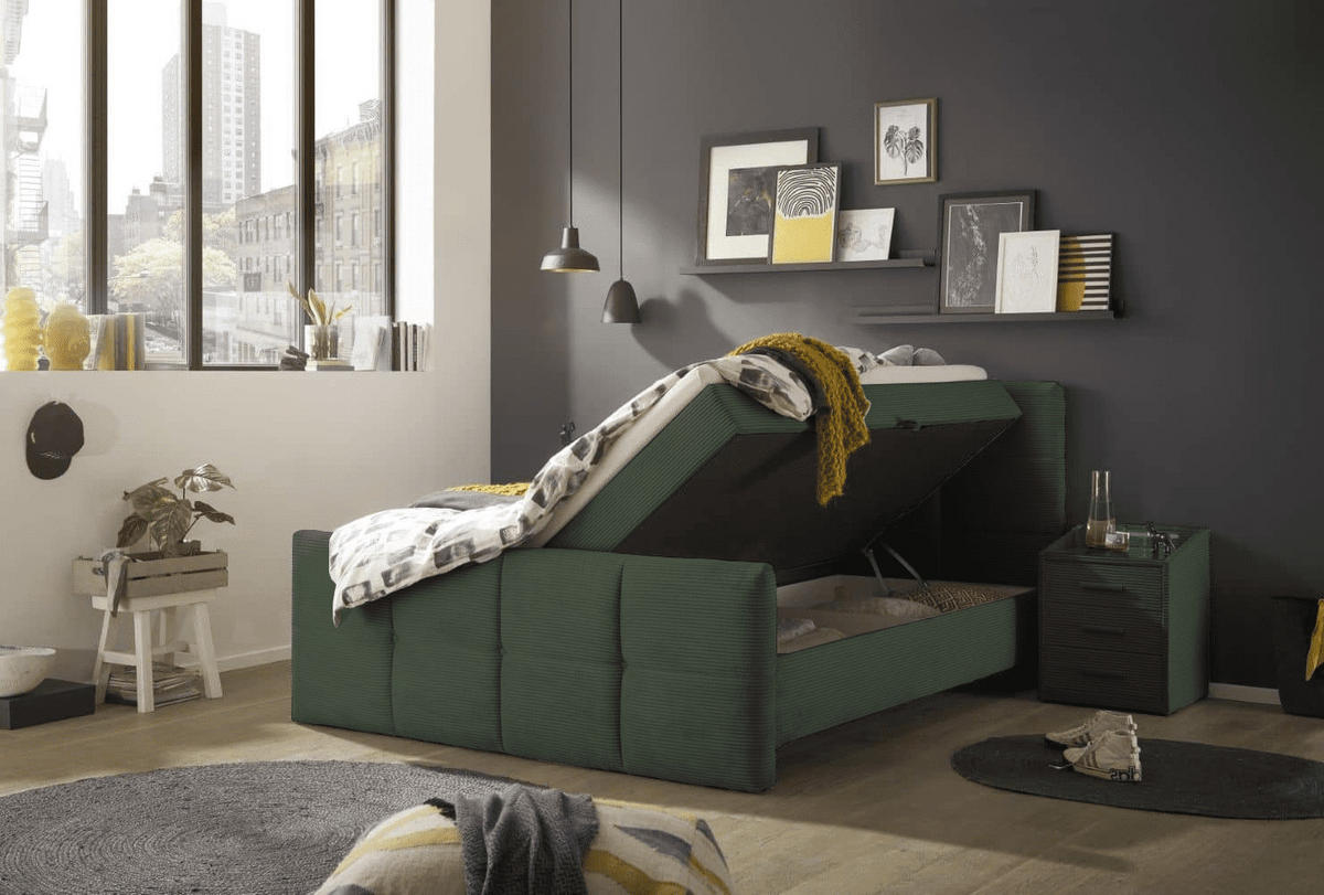 BOXBETT Breitcord, 7-Zonen-Tonnentaschen-Federkernmatratze, HR-30 Topper, Bettkasten - Schwarz/Grün, Holz/Holzwerkstoff (180/200cm) - ed exciting design