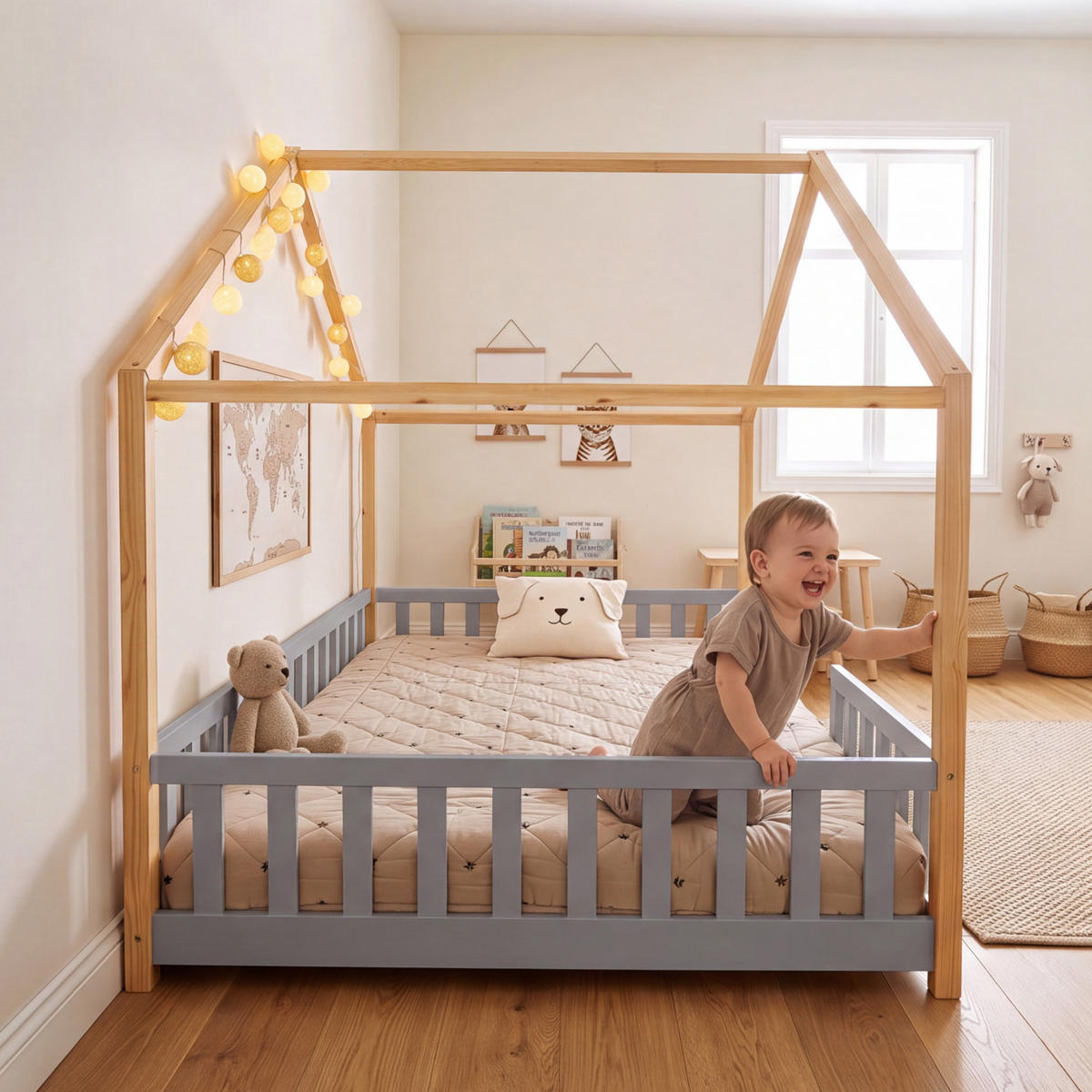 HAUSBETT Treviolo - Hellgrau/Naturfarben, Holz (120/200cm) - [en.casa]