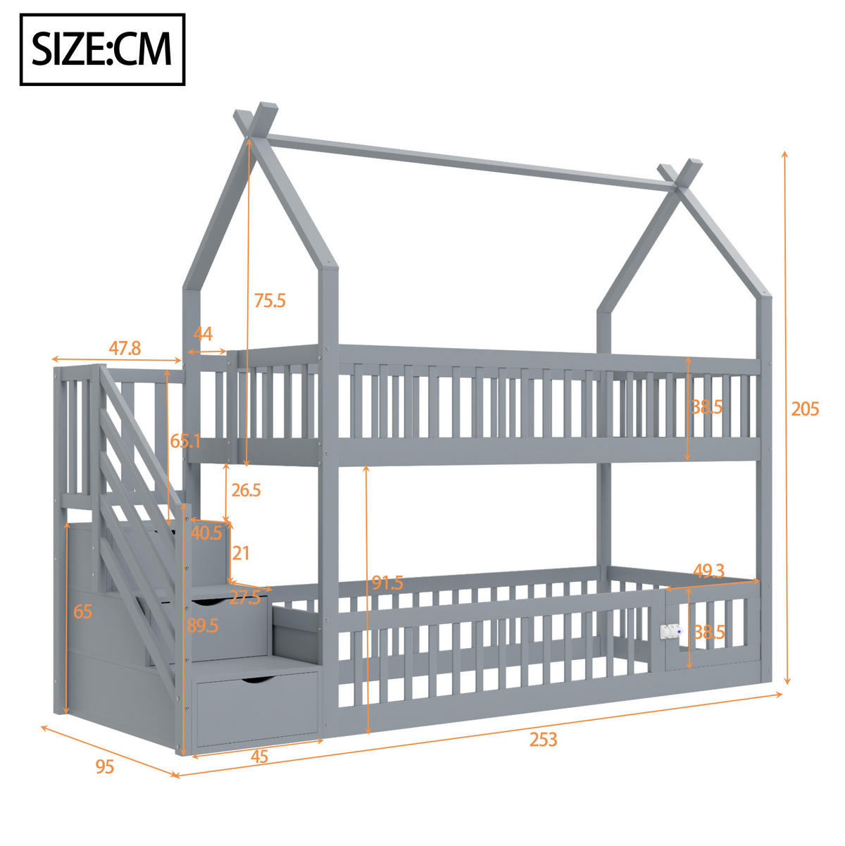 HAUSBETT 90/200 cm aus Kiefernholz mit Treppe und Schubladen in Grau - Grau, Holz (90/200cm) - BEAOK