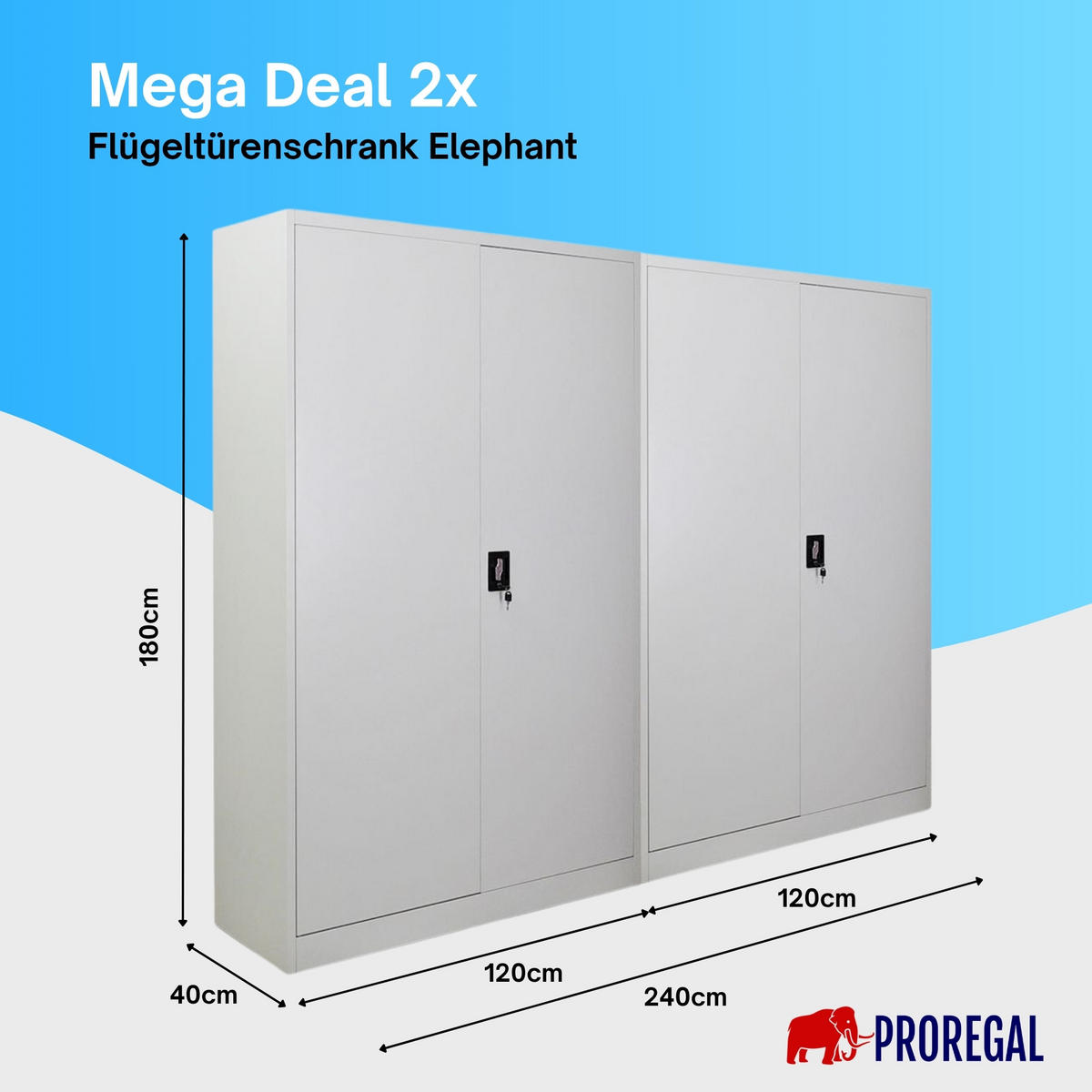 FLÜGELTÜRENSCHRANK Elephant 2er-Set 180x120x40cm 4 Ebenen Lichtgrau - Hellgrau, Metall (240/180/40cm) - PROREGAL
