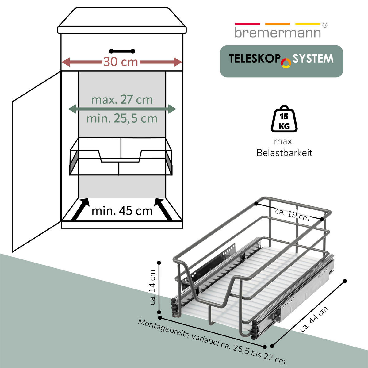 TELESKOPSCHUBLADE 30 cm Breite, mit Einlegeboden, Küchenschublade, grau - Grau, Metall (27/14/44cm) - bremermann