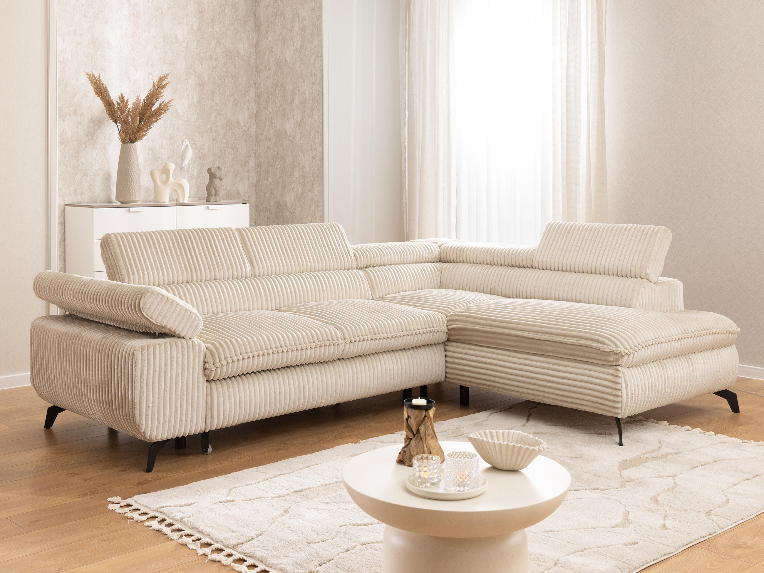 ECKSOFA mit Schlaffunktion und Bettkasten Bonnie aus Hellbeige Cord-Stoff mit verstellbaren Kopfstützen und Armlehne - Ottomane rechts - Beige/Schwarz, Holz/Textil (275/210cm) - S-Style Möbel