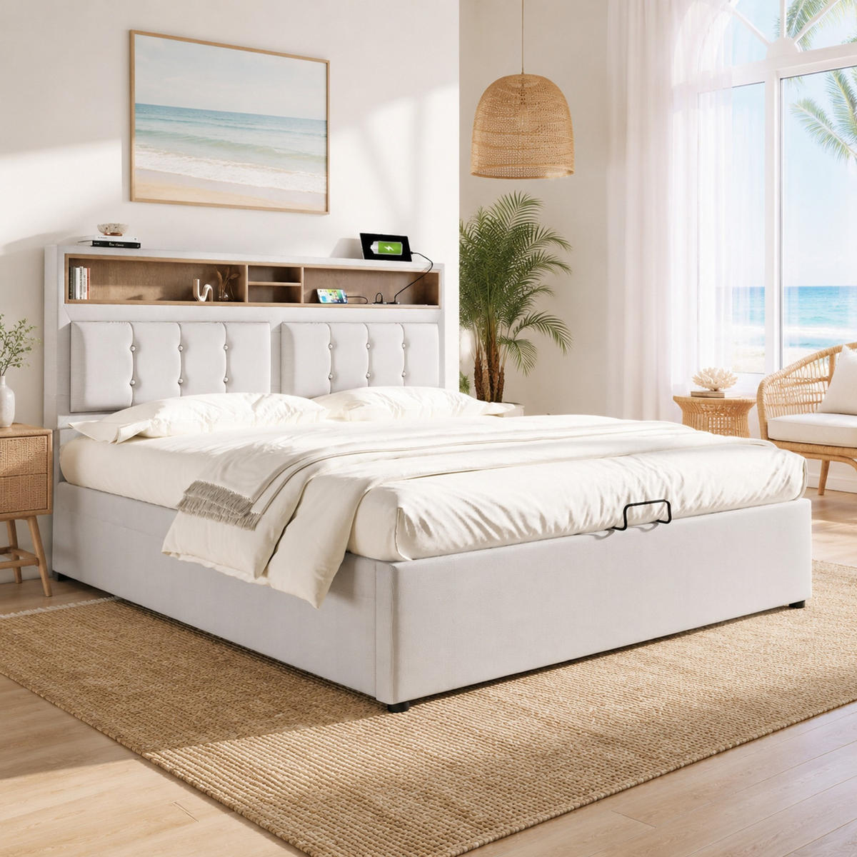 POLSTERBETT 140/200 mit Bettkasten, USB-C-Anschluss und verstellbarem Kopfteil - Beige, Holzwerkstoff/Textil (140/200cm) - EVRYAE