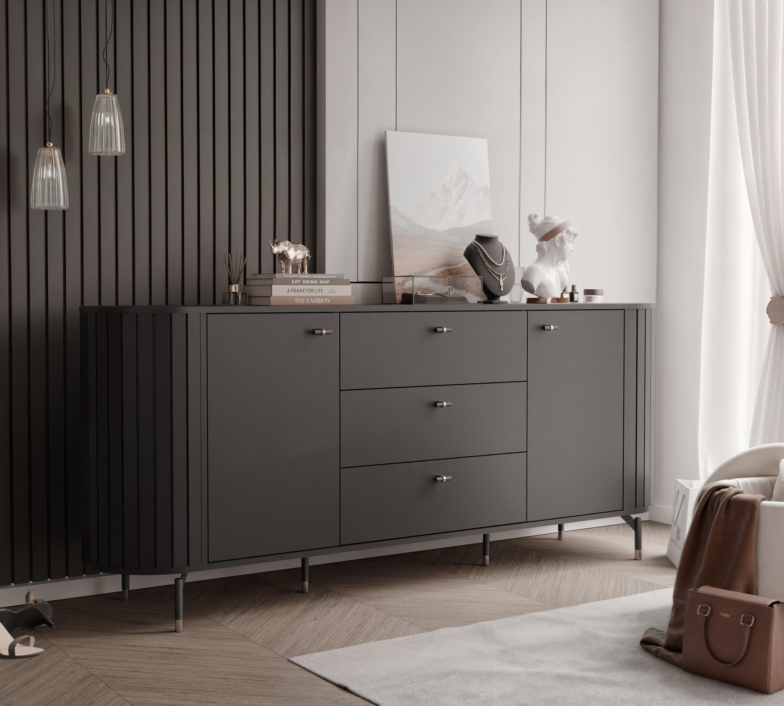 KOMMODE geriffelt, mit drei Schubladen, Schwarz - Schwarz, Holzwerkstoff (190/81/40cm) - Idohome