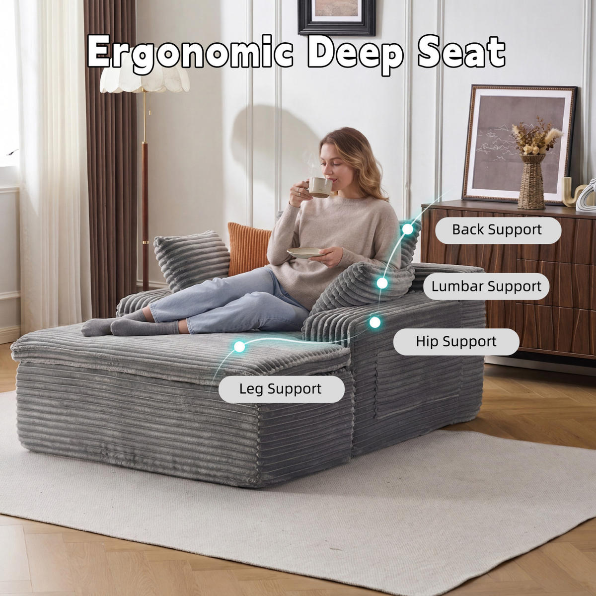 SOFA mit Chaise Lounge Grau Cord - Grau, Kunststoff (112/63/165cm) - Meubliv