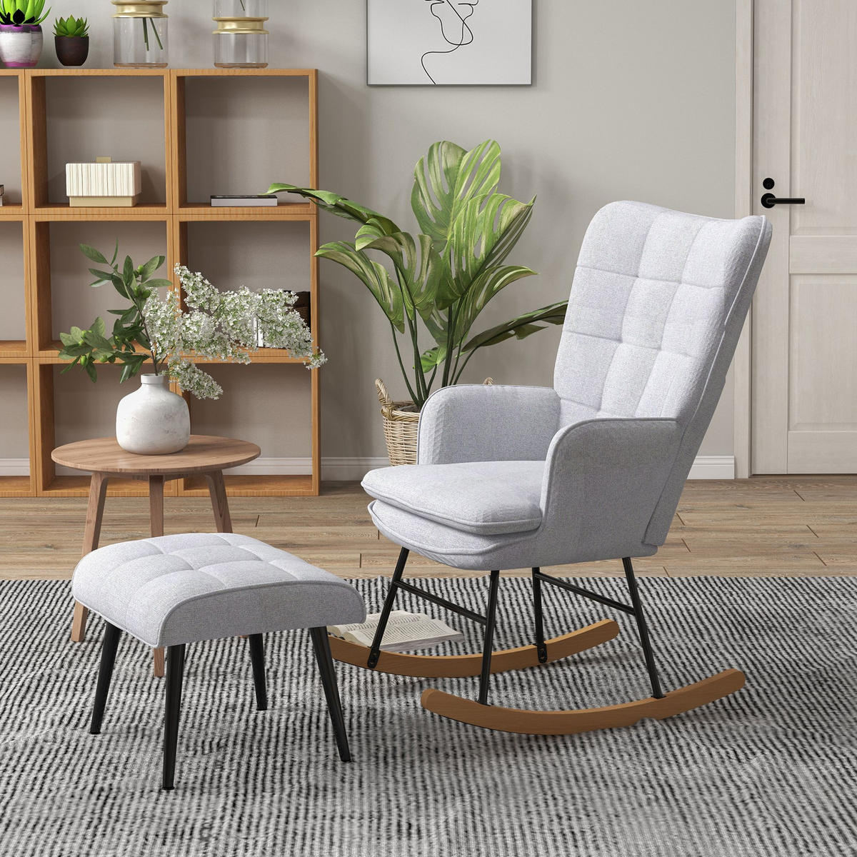 SCHAUKELSTUHL Schwingsessel mit Hocker Armlehnsessel Relaxsessel mit Leinenoptik - Hellgrau/Schwarz, Buchenholz/Textil (89/90/64cm) - HOMCOM