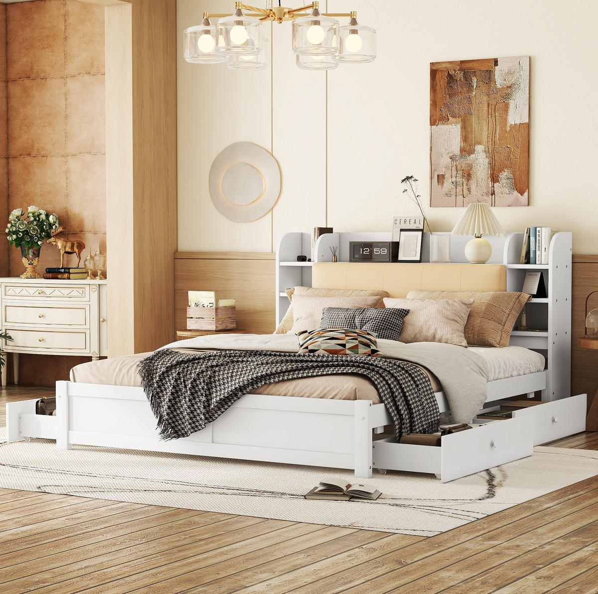 BETT 180/200 cm mit aufklappbarem Kopfteil, 4 Schubladen und Stauraum aus Kiefern, Weiß - Weiß, Holzwerkstoff (180/200cm) - Redom