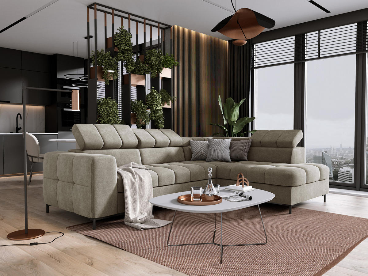 ECKSOFA PABLOS Vogue, L-förmig, Moderne, mit verstellbarem Kopfteil, Schlaf- & Lagermöglichkeiten, freistehend, RECHTS 279x201x97 cm Cream - Creme, Holz/Textil (279/201cm) - DomoHome