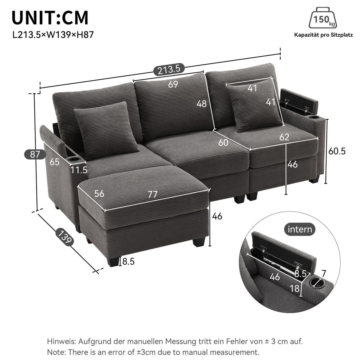 SOFA in L-Form mit Hocker USB-Ablage 213,5 x 139 cm Cord Dunkelgrau - Dunkelgrau, Textil (213.5/139cm) - IVMEU