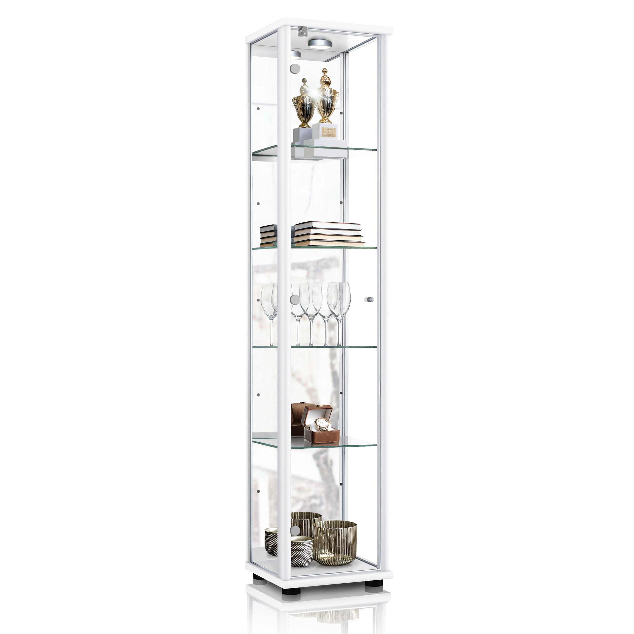 GLASVITRINE 33/37/176 cm mit Spiegel, LED, Schloss & 4 höhenverstellbaren Glasböden - Transparent/Silberfarben, Glas/Holzwerkstoff (37/176/33cm) - K-Möbel