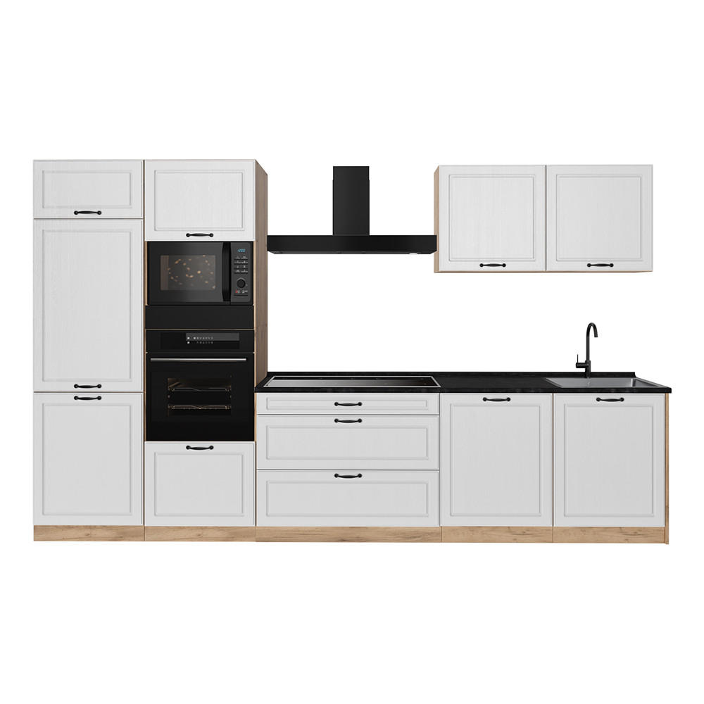 KÜCHENZEILE R-Line, Weiß Landhaus/Goldkraft Eiche, 340 cm Arbeitsplatte Anthrazit - Eichefarben/Weiß, Holzwerkstoff (340/206.8/60cm) - Vicco