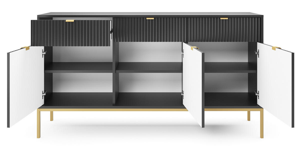 KOMMODE NOVA - KSZ154, Geriffelte Fronten, goldene Griffe 154x39x83 cm Schwarz - Goldfarben/Schwarz, Holzwerkstoff/Kunststoff (154/83/39cm) - DomoHome