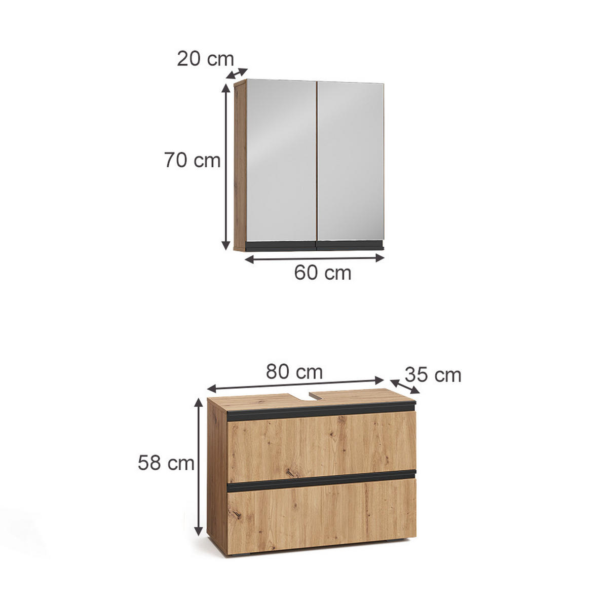 BADMÖBEL-SET Torren Artisan 2 Teile - Hellgrau, Holzwerkstoff (80/58/35cm) - Vicco