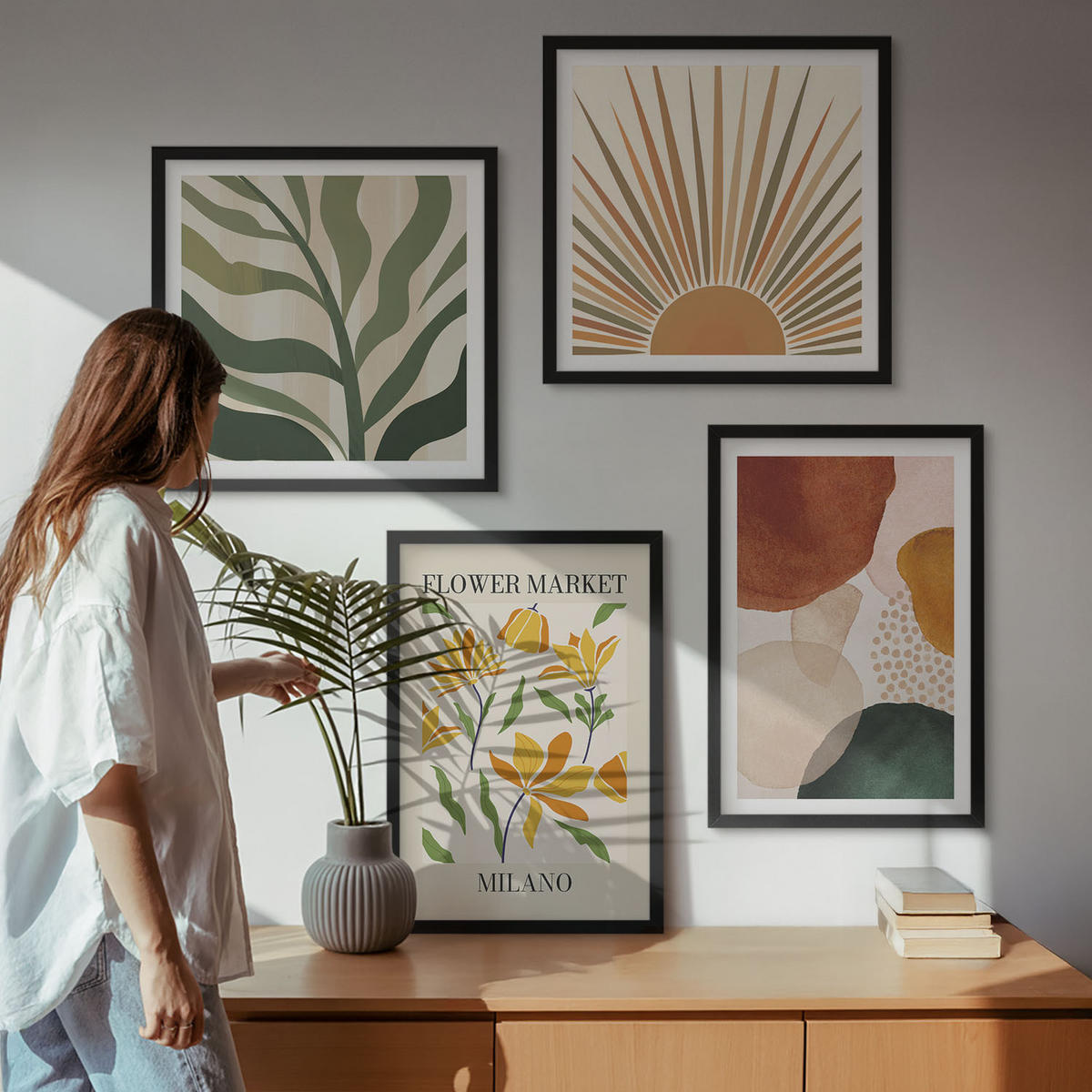 BILDER SET 4er Set - 50x50 cm & 40x60 cm Schwarzer Rahmen - Abstrakte Blumenmotive - Schwarz, Kunststoff (50/50cm) - TULUP