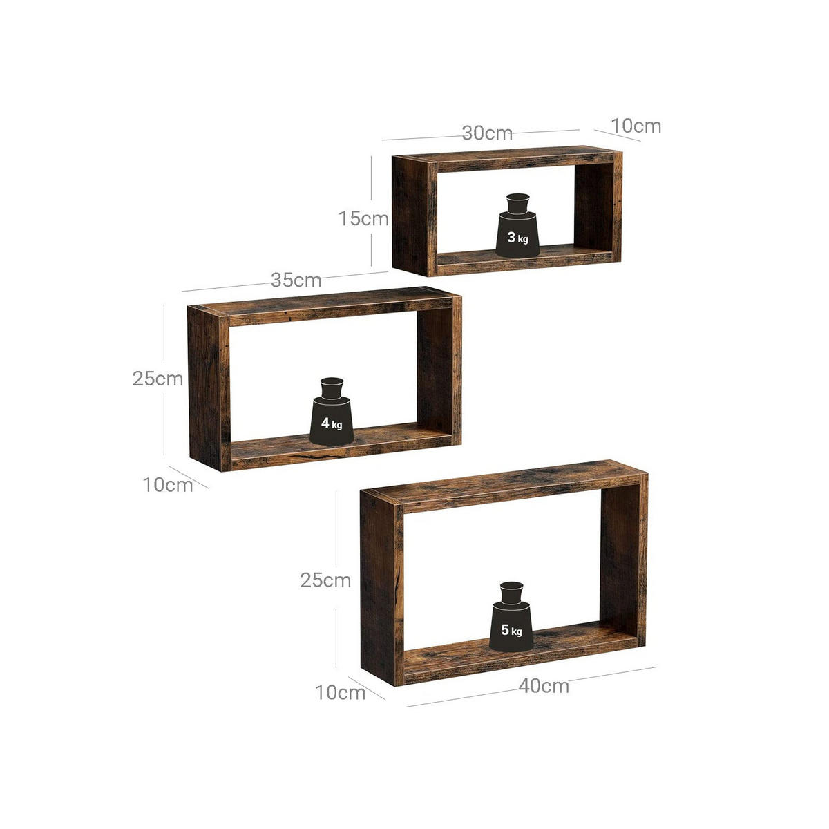 WANDREGAL SCHWEBEREGAL 3ER-SET - Braun, Holzwerkstoff (10/15/30cm) - Hansiro