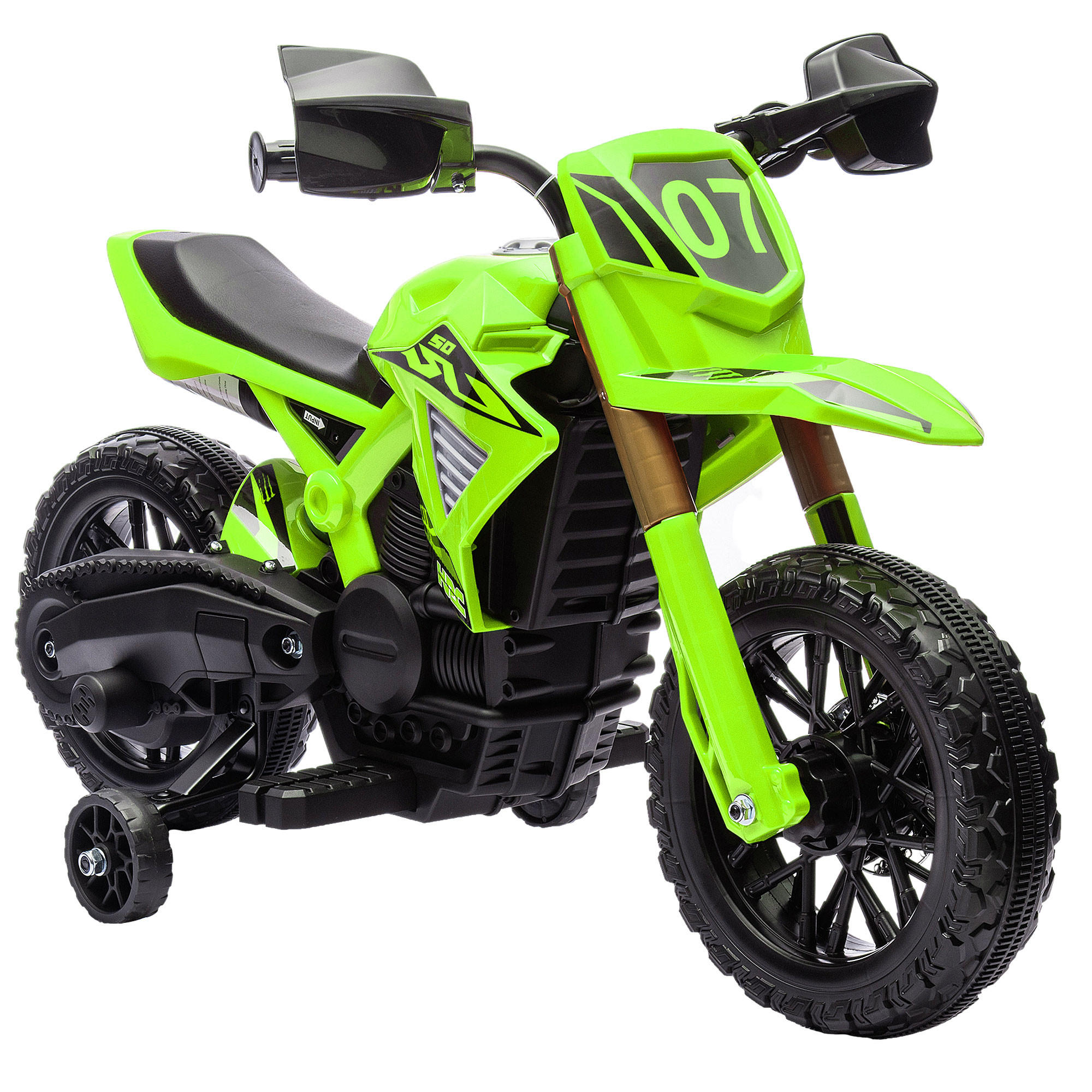 ELEKTRO-MOTORRAD für Kinder, 6V Batterie-Antrieb, Stützräder, Hupe, Startgeräusch, 3-8 Jahre, Grün - Grün, Kunststoff/Metall (105/57/62cm) - AIYAPLAY