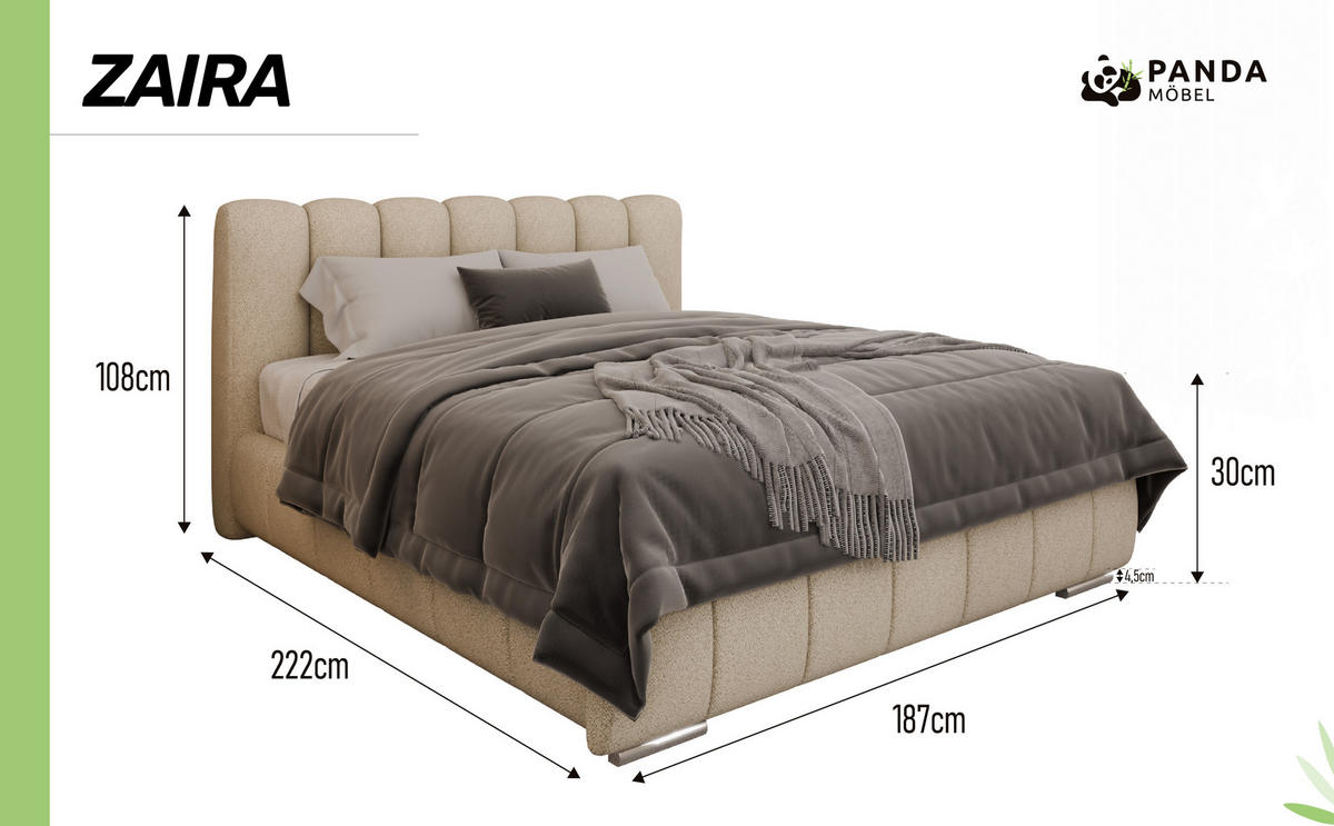 POLSTERBETT Zaira 160x200cm – Elegantes Polsterbett für modernen Wohnstil , Taschenfederkernmatratze Pocket KOKOS (20cm), beige - Beige, Holz - Panda Möbel