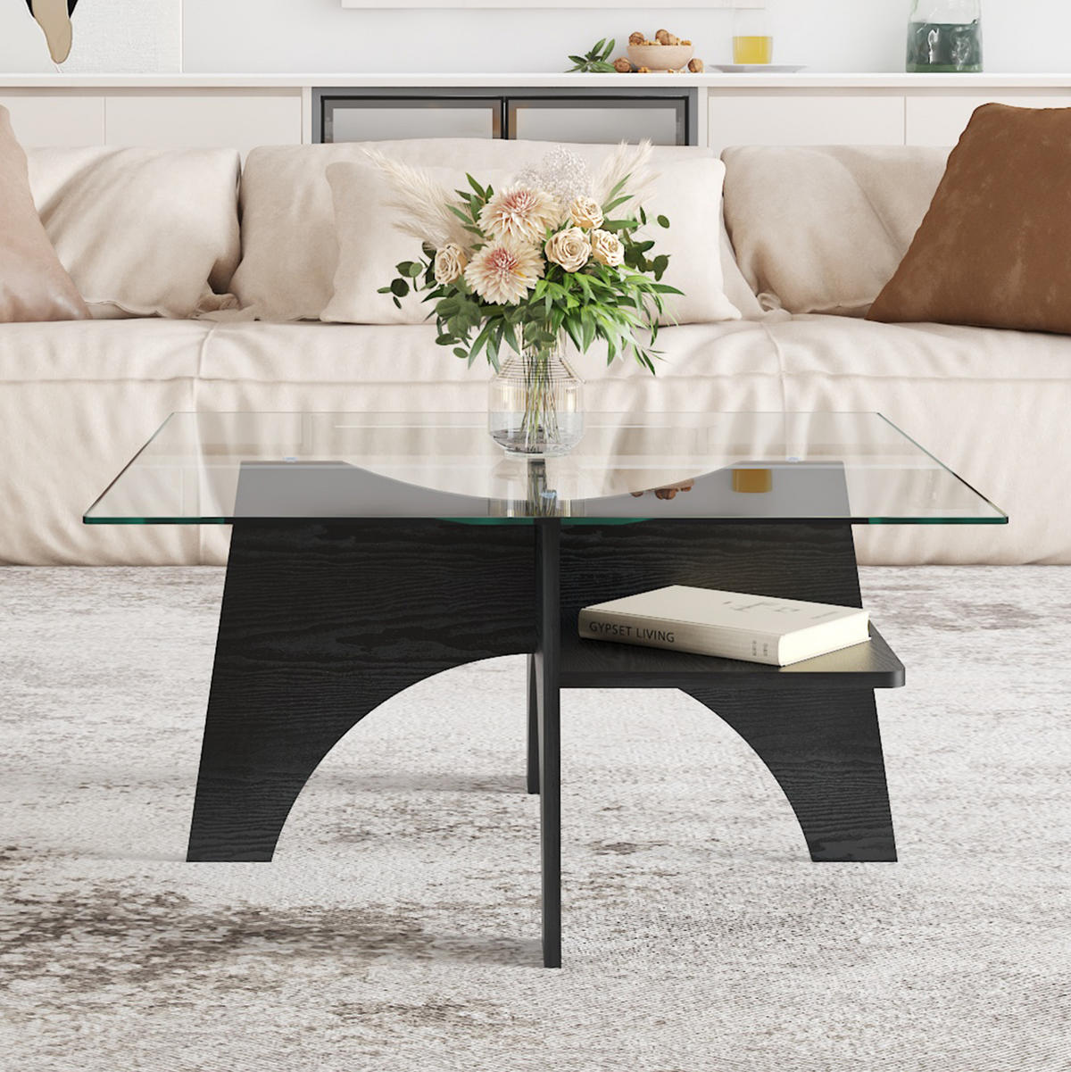 COUCHTISCH 80/80/40 cm mit Ablagefach und Sicherheitsglasplatte, MDF in schwarzer Holzoptik/Transparent - Schwarz, Holzwerkstoff (80/80/40cm) - Redom