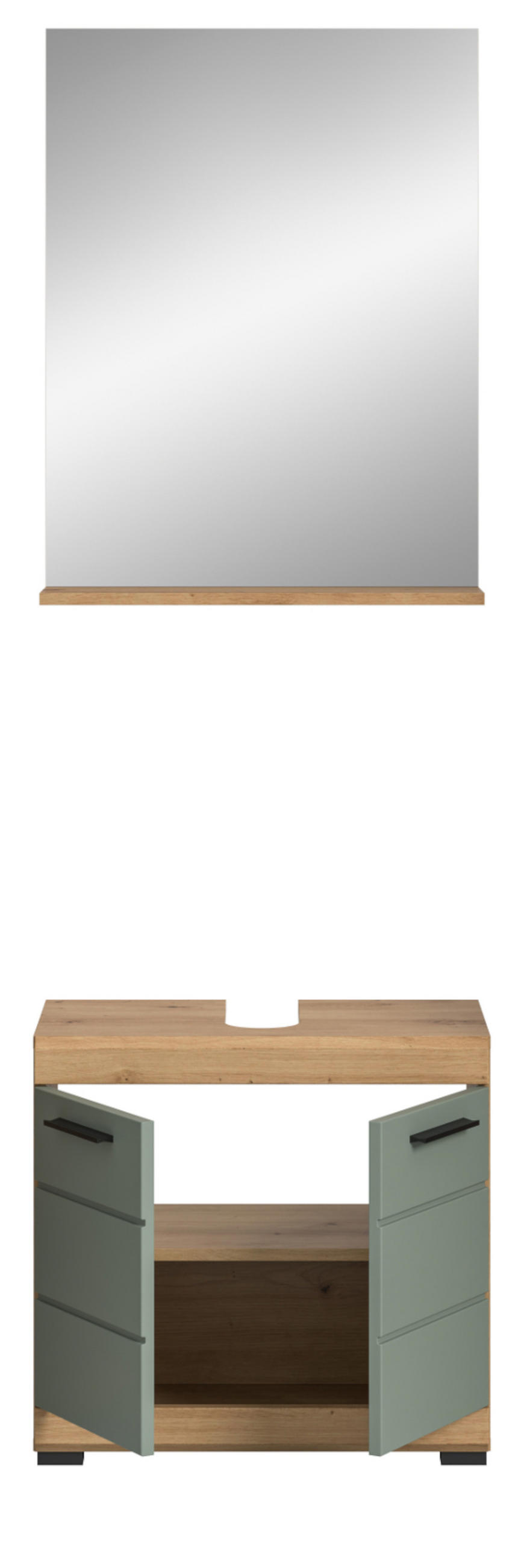 BADMÖBEL-SET Salbei grün, Eiche Artisan 2-teilig 60 cm, Kombination mit Spiegel - Salbeigrün/Schwarz, Glas/Holzwerkstoff (60/191/34cm) - Inn.Furn