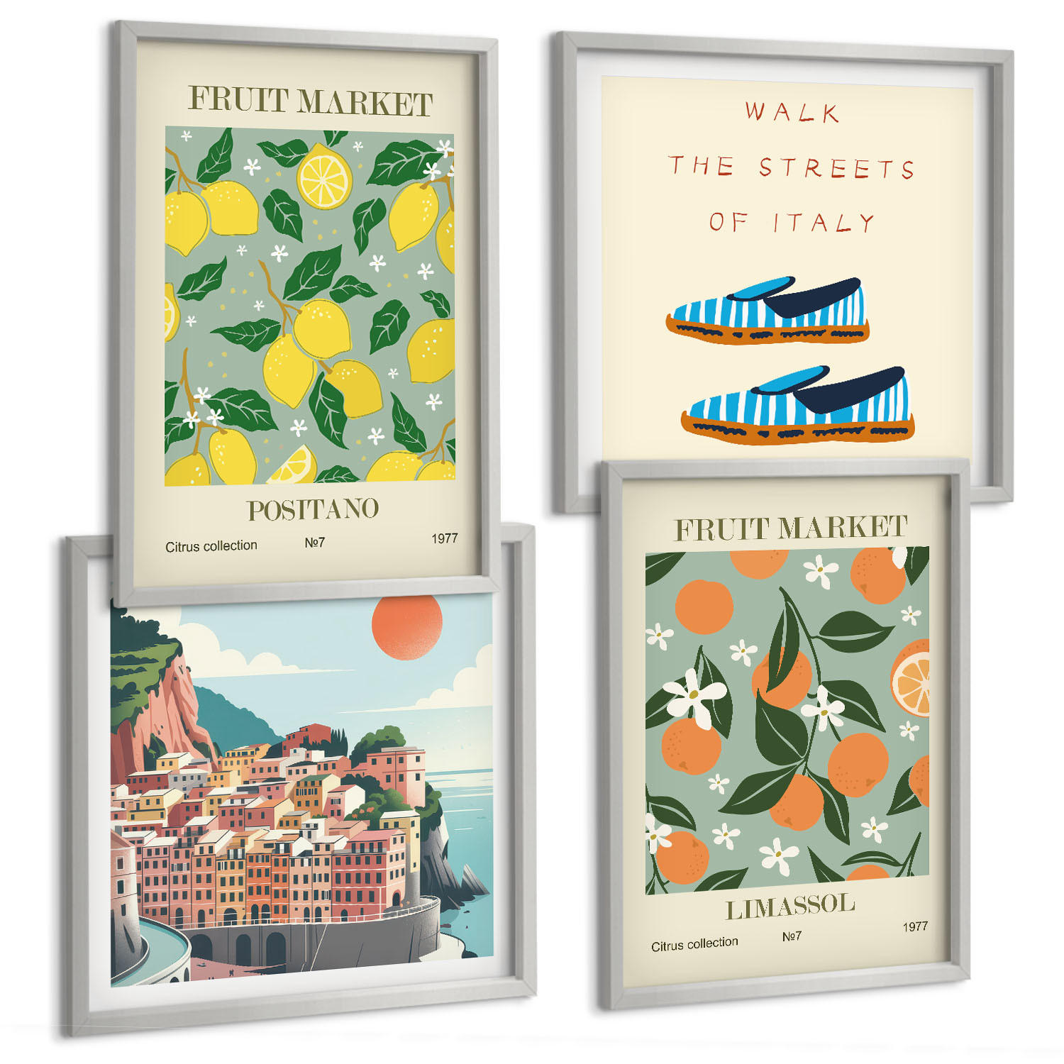 BILDER SET 4er Set - 50x50 cm & 40x60 cm Silberner Rahmen - Fruchtmuster der italienischen Kultur - Silberfarben, Kunststoff (50/50cm) - TULUP