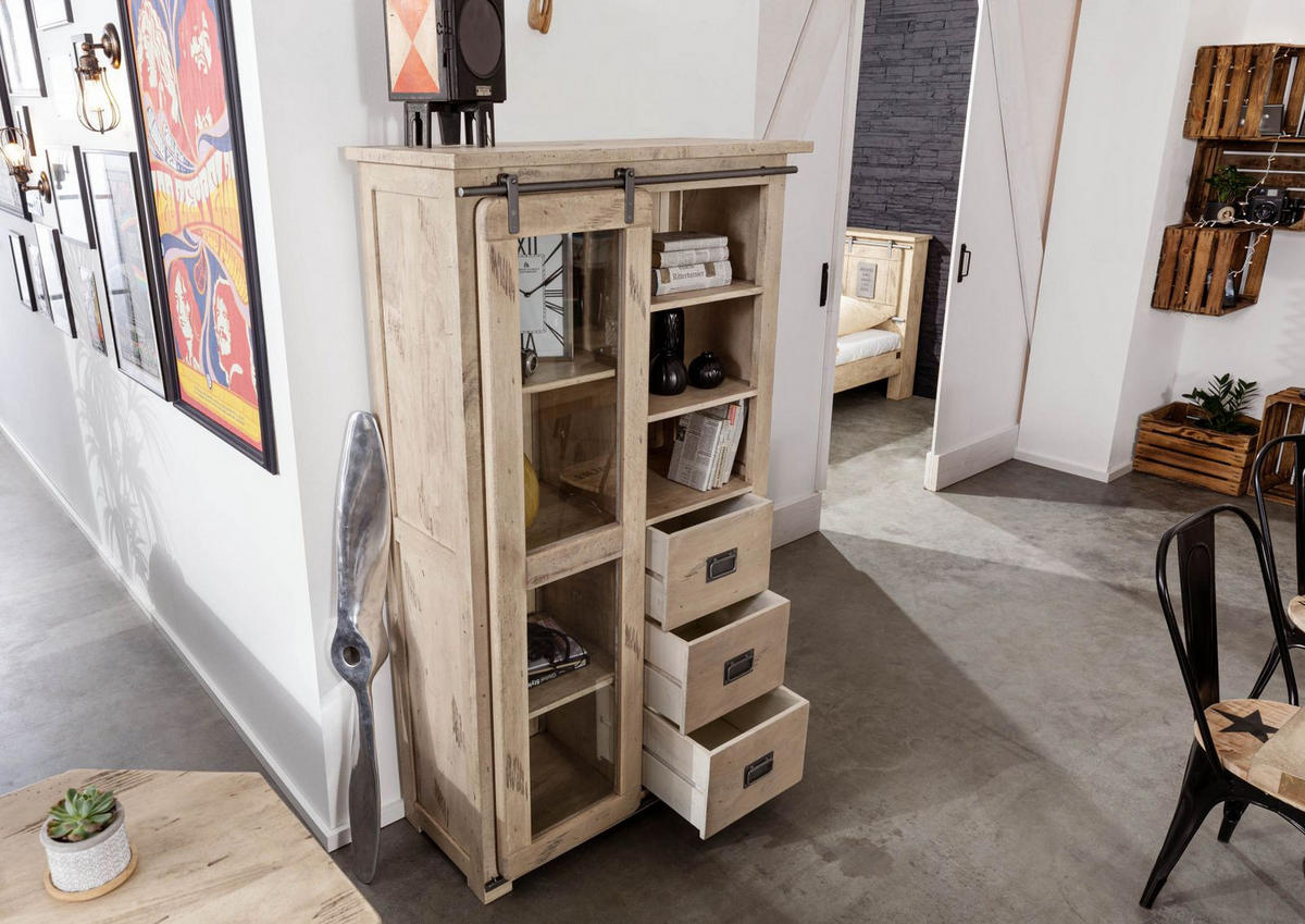 VITRINE Mango 100x45x175 whitewash lackiert RAILWAY #326 - Beige, Holz (100/175/45cm) - Massivmoebel24