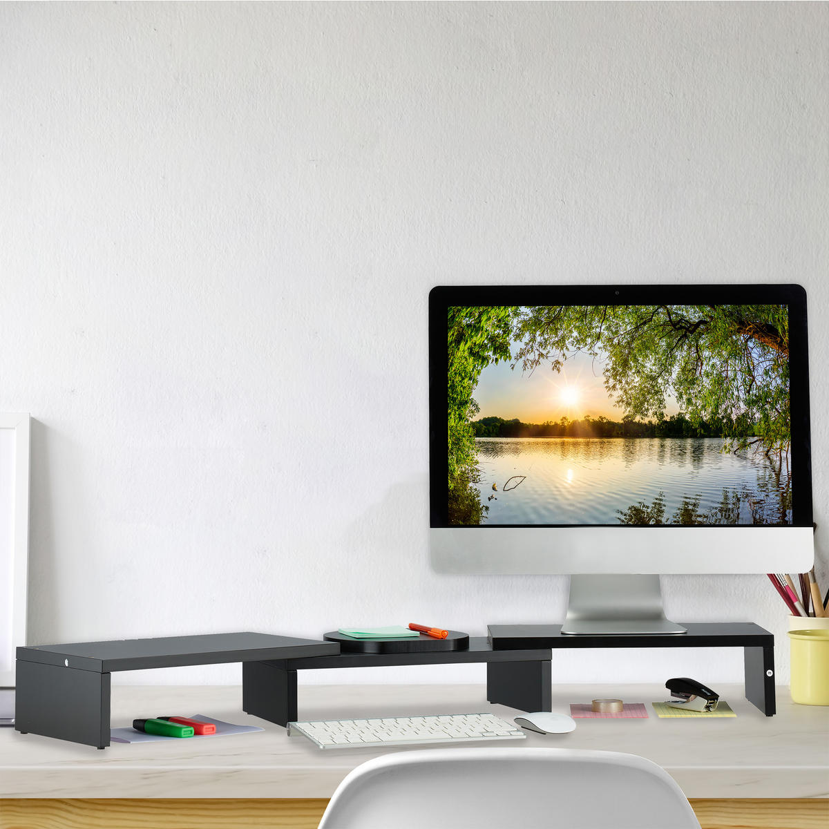 MONITORSTÄNDER Schwarz für 2 Monitore verstellbar MDF 104 cm - Schwarz, Holzwerkstoff (20.5/104/11cm) - Relaxdays