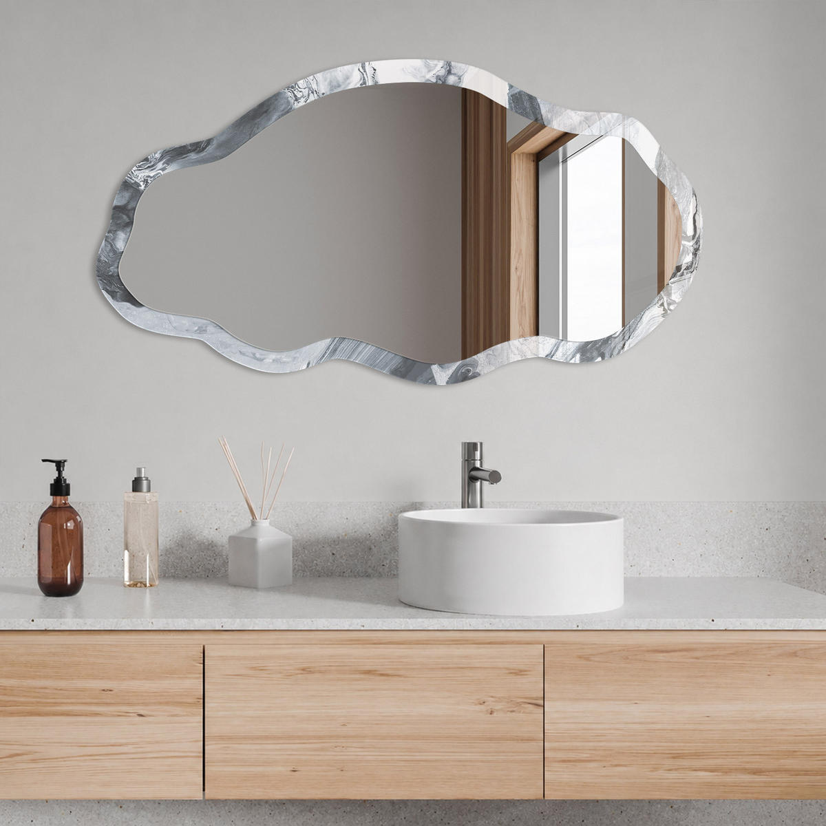 SPIEGEL 90x45 cm asymmetrisch mit Druck - Graue Abstraktion - Transparent, Glas (45/90/0.4cm) - TULUP