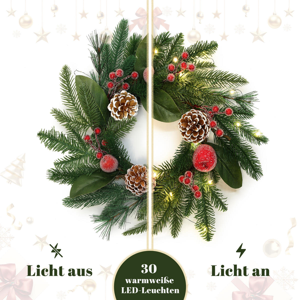 RUSTIKALER Weihnachtskranz Ø40cm mit Äpfeln, LEDs,Timerfunktion - Dunkelgrün, Naturmaterialien (40cm) - Hometopia
