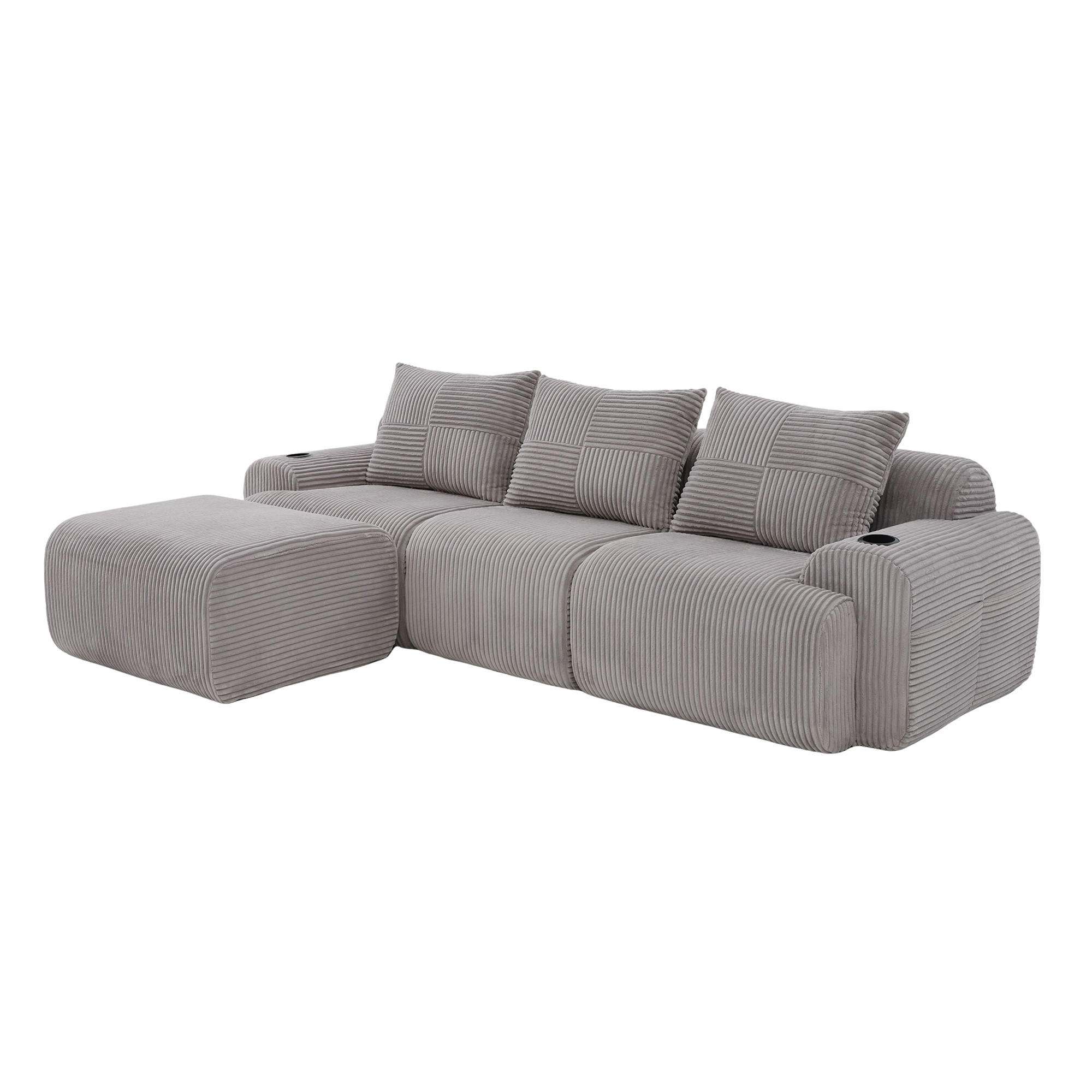 MODULARES 3-Sitzer Sofa Cordstoff mit Getränkehalter und Seitentasche 268/174/80 cm Hellgrau - Hellgrau, Textil (174/268cm) - Redom