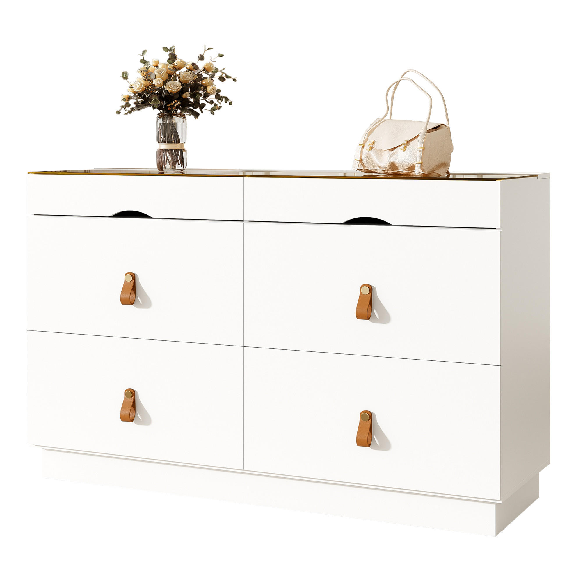 KOMODA 120/40/78 cm bílá z MDF a skla se 6 zásuvkami a zrcadlově hladkým skleněným víkem - bílá, sklo (120/78/40cm) - OKWISH