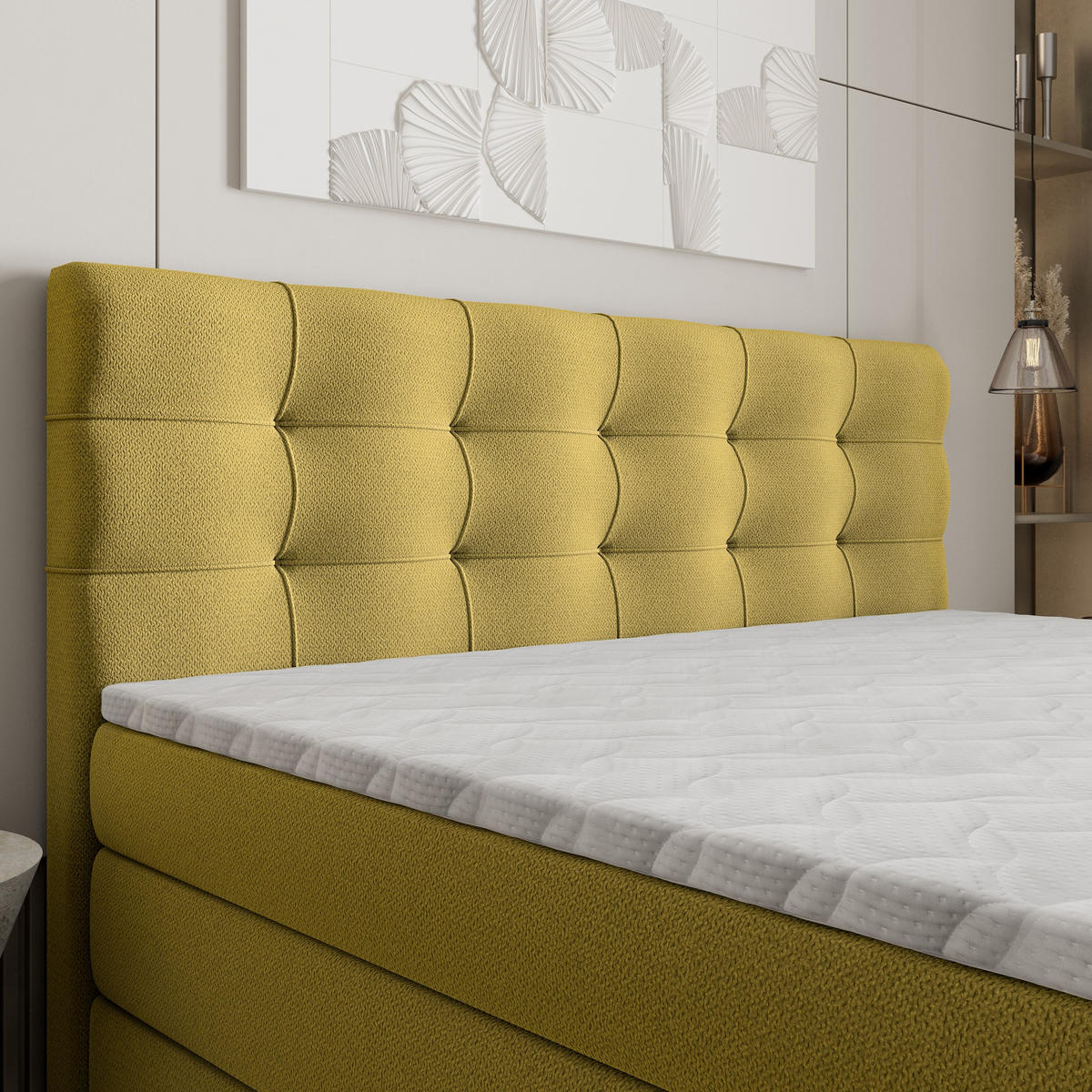 BOXSPRINGBETT AREZI 160x200 cm mit Matratze und Topper - Gelb - Gelb, Holz (160/200cm) - MASSENO