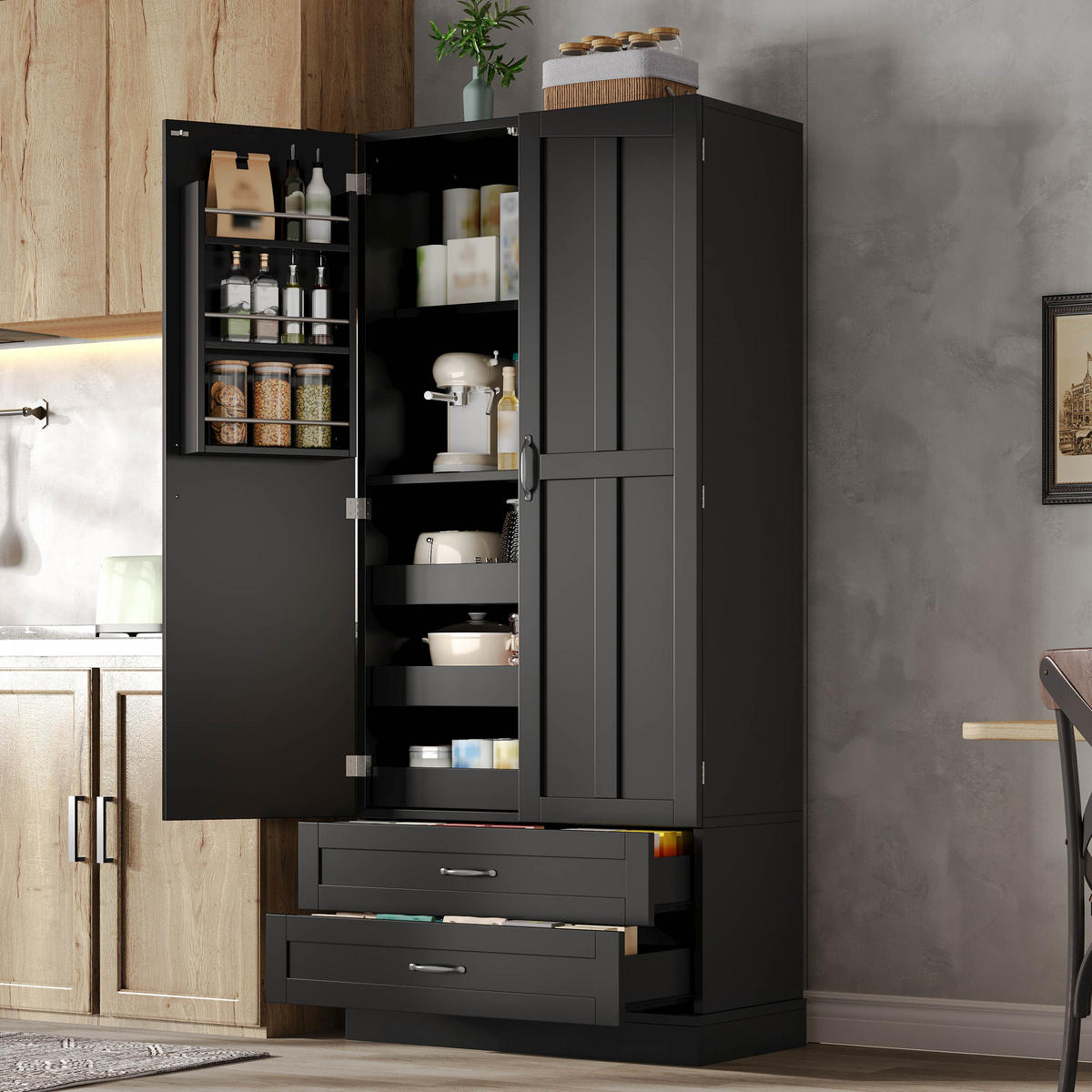 GESCHIRRSCHRANK 180 cm MDF Schwarz mit Ausziehböden und Türregalen - Schwarz, Holzwerkstoff (37.5/180/80cm) - Korfee