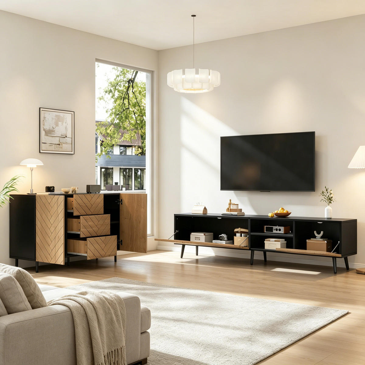 TV-BANK & SIDEBOARD SET Natur/Schwarz 2-teilig, Holzoptik, 180/33,5/45 cm & 120/40/76 cm - Naturfarben, Holzwerkstoff (120/76/40cm) - PANGIVO