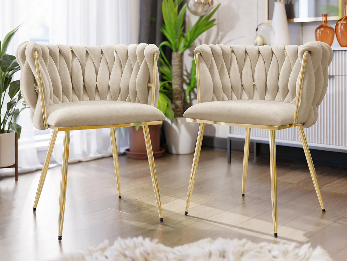 STUHL 2er-Set Muz DC-1142 (2 Stück in Samt) - Beige/Goldfarben, Textil/Metall (50/76/52cm) - MIRJAN24