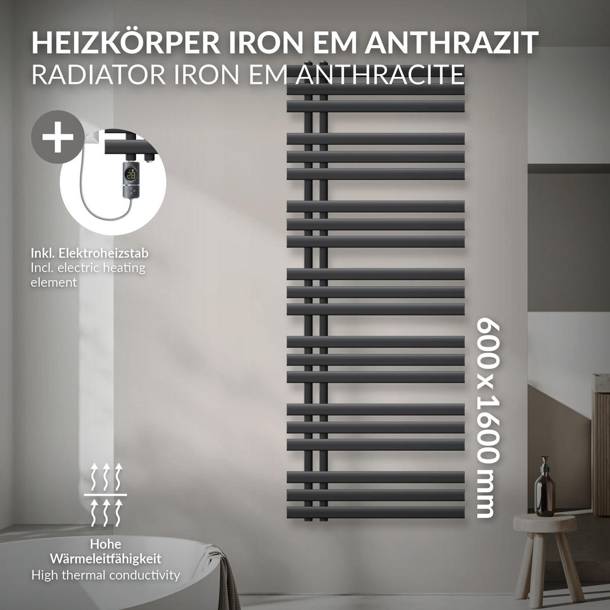 BADHEIZKÖRPER elektrisch Iron EM 600x1600 mm Anthrazit mit Heizstab 900W Digital - Anthrazit, Metall (60/160/3cm) - LuxeBath