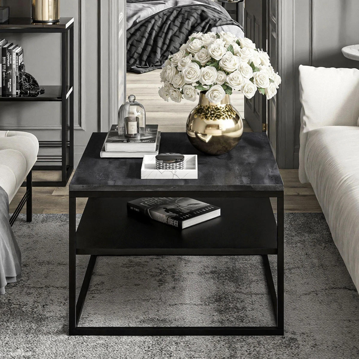 COUCHTISCH NOVA mit Ablage Schwarz / Dunkler Beton - Schwarz, Holzwerkstoff (69/69/48cm) - Lookway