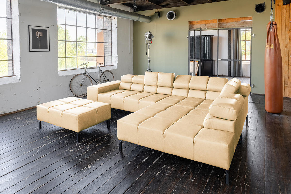 ECKSOFA NELSON Beige Leder Relaxfunktion - Beige/Schwarz, Leder/Metall (321/216cm) - KAWOLA