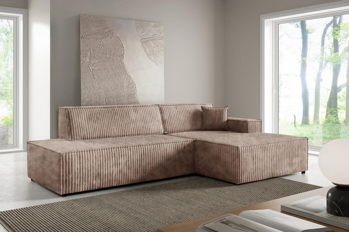 ECKSOFA TESSO R-S Braun Kordstoff mit Schlaffunktion - Braun, Holz (247/170cm) - MASSENO