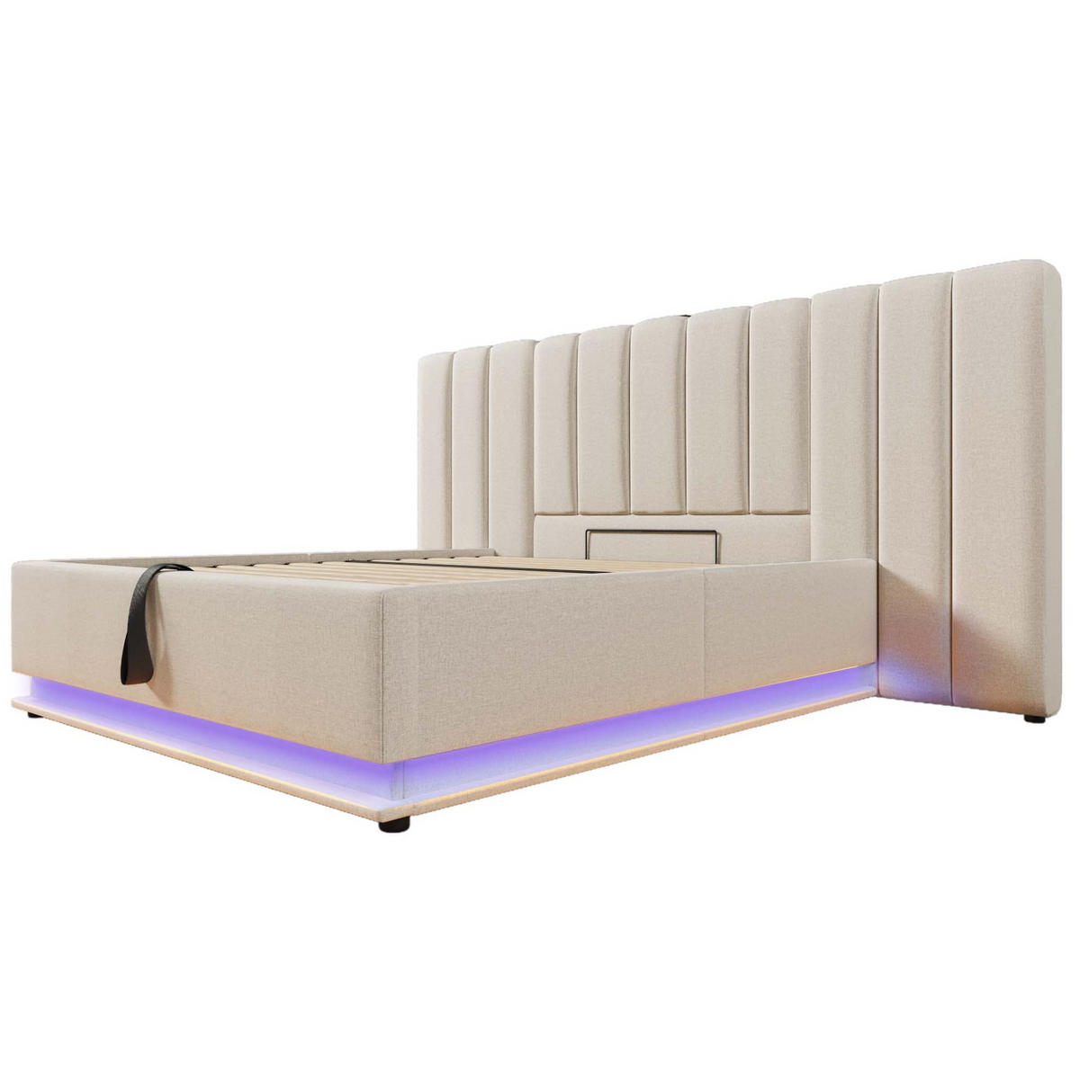 POLSTERBETT 160/200 cm Beige mit Stauraum, LED-Beleuchtung und USB- und Type-C-Anschlüssen - Beige, Textil (160/200cm) - Flora Grace