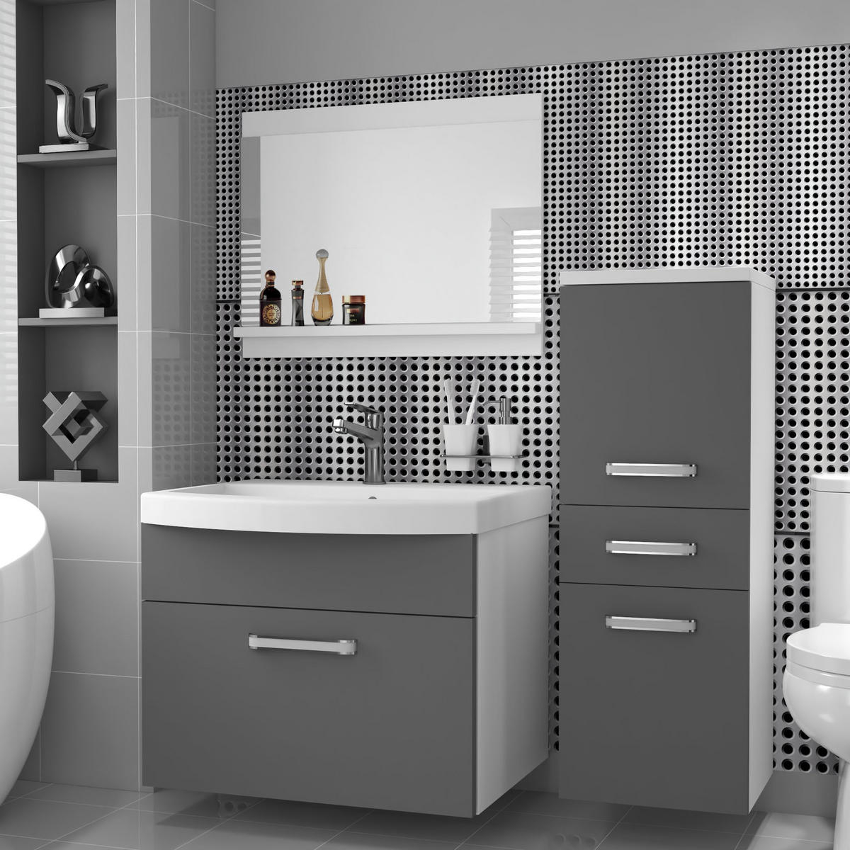 BADMÖBEL Badezimmer SET PRI M2, Grau Matt, 90 cm - Grau, Holz (38.7/81/90cm) - B BELINI GROUP
