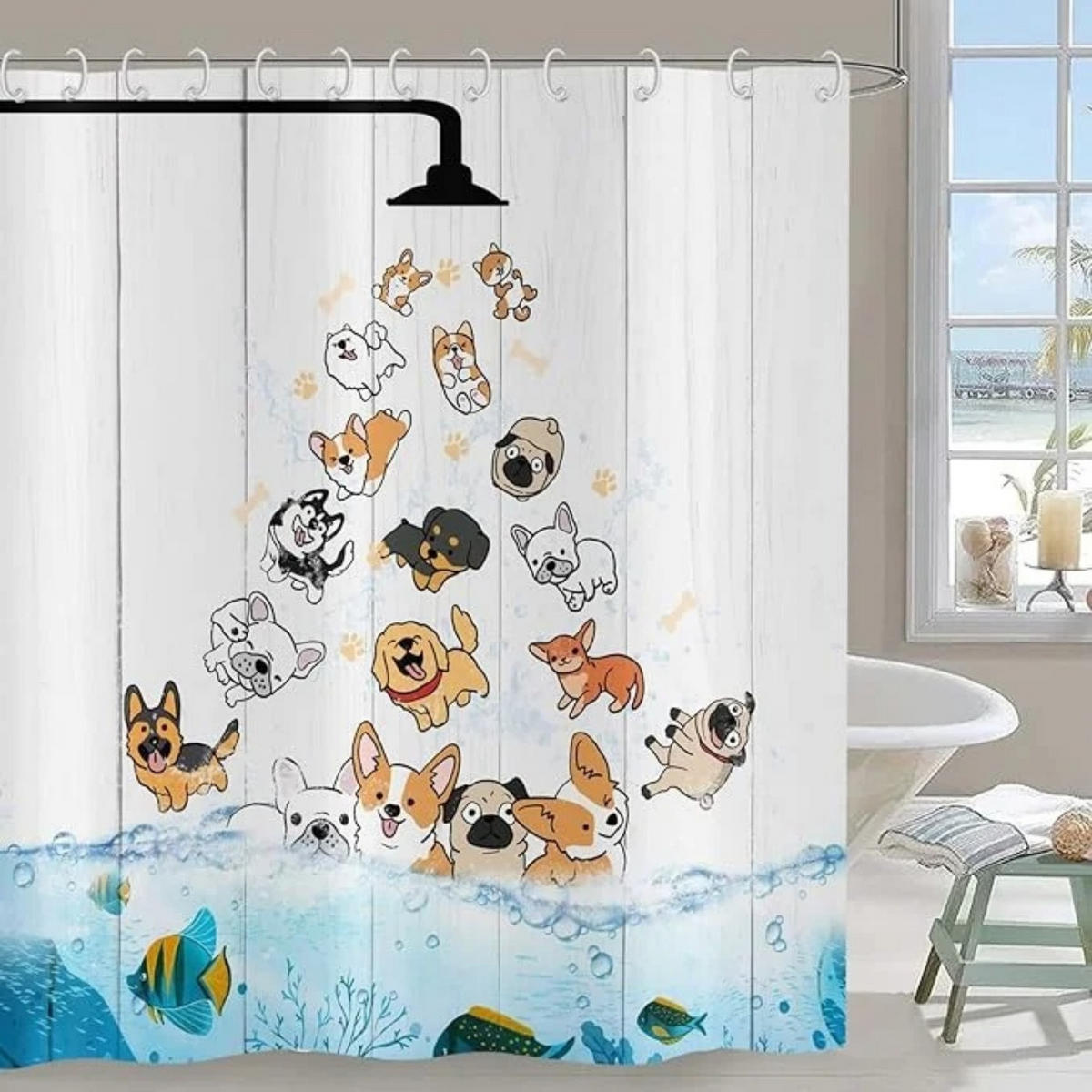 DUSCHVORHANG Bunt Hund und Fisch Ozean rustikal Holz Badewanne wasserdicht - Weiß, Textil (180/180cm) - MCBOSON