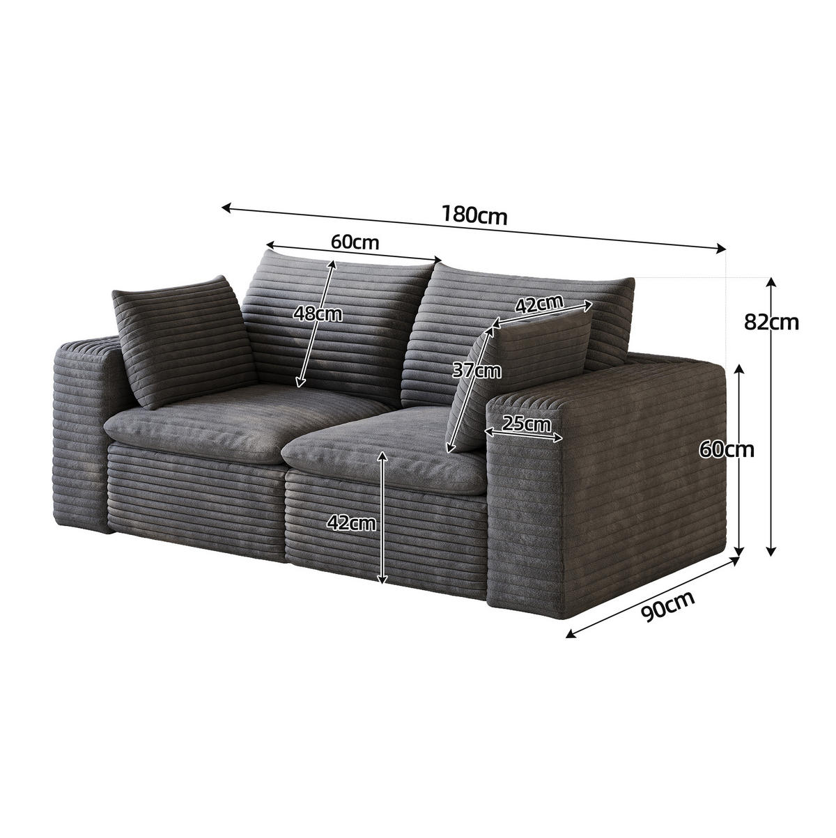 2-SITZER-SOFA aus Stoff 180 cm Dunkelgrau mit Schaumstoffkern, weicher Polsterung und montagefreiem Design - Dunkelgrau, Textil (180/60/90cm) - Modfu