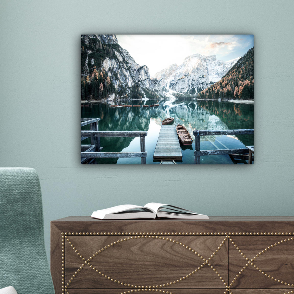 LEINWANDBILD Natur - Berge - Schnee - Wald - Boot 40x30 cm - Hellgrün, Textil (40/30cm) - MuchoWow