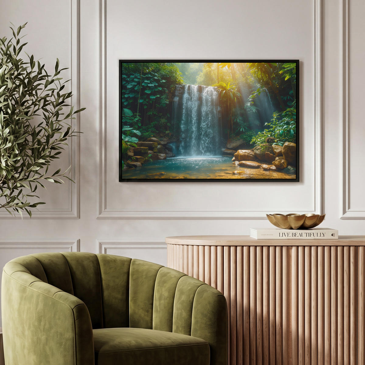 LEINWAND Bilder mit Rahmen - Wasserfall - Dschungel - Sonne - Grün - Natur - 60x40 - Grün, Textil (60/40cm) - MuchoWow