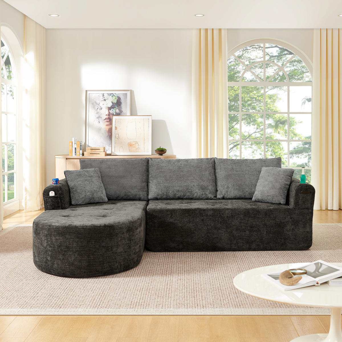 L-FÖRMIGES ECKSOFA Schwarz 255/170/67 cm 3-Sitzer mit Becherhalter und Seitentaschen - Schwarz, Textil (255/170cm) - PANGIVO