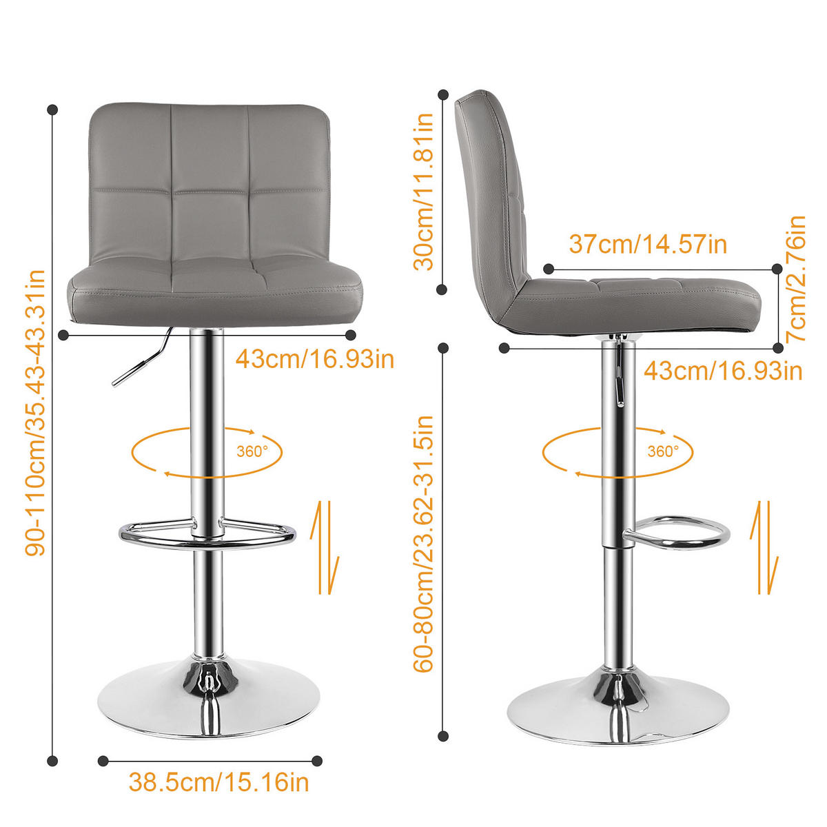 BARHOCKER Grau hoch ohne Armlehnen 2er Set - Grau, Metall (45/46/55cm) - Rattrix